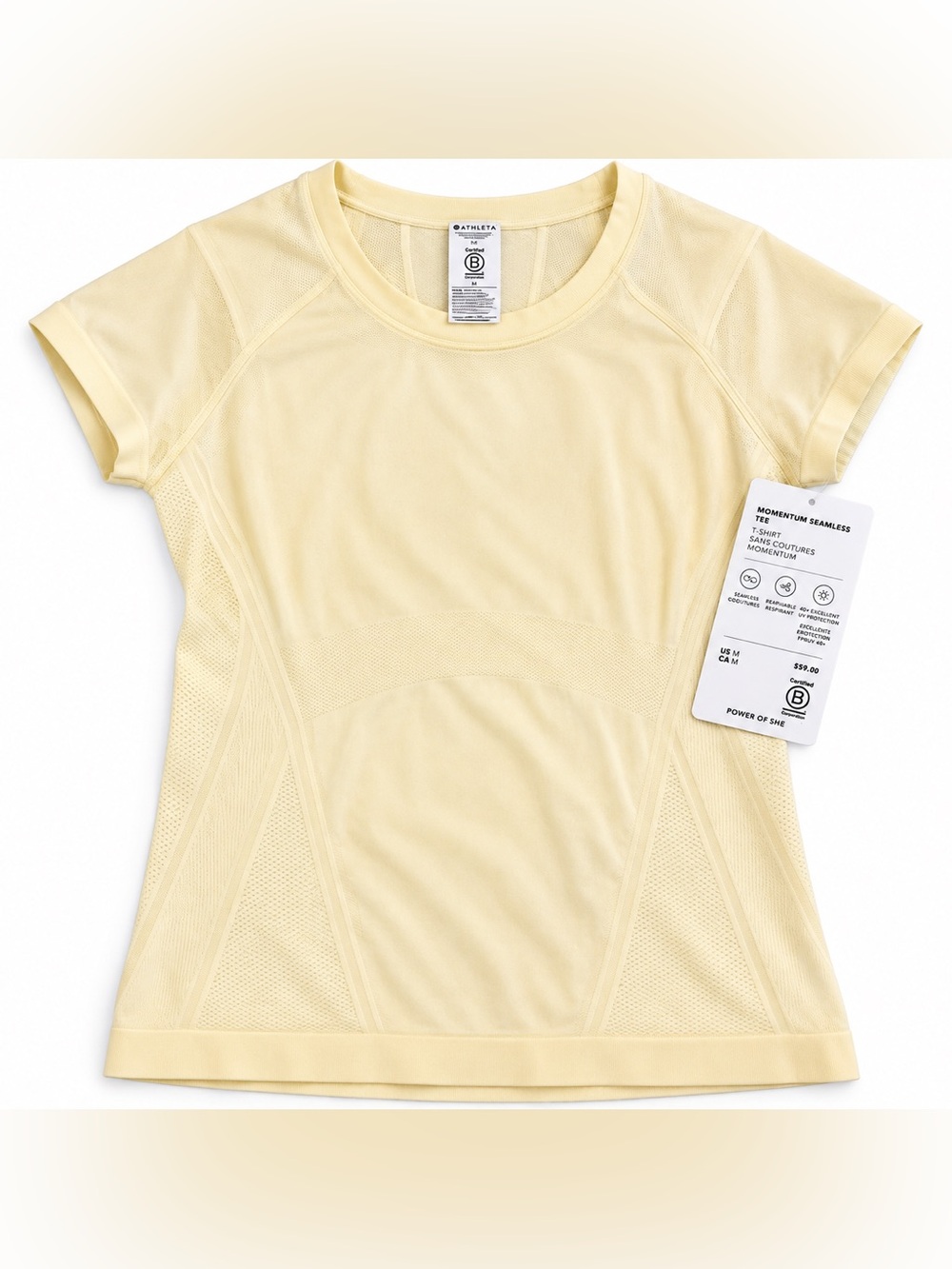 NWT Athleta Momentum Seamless Tee Women’s Pale Yellow UPF 40+—Sz Medium